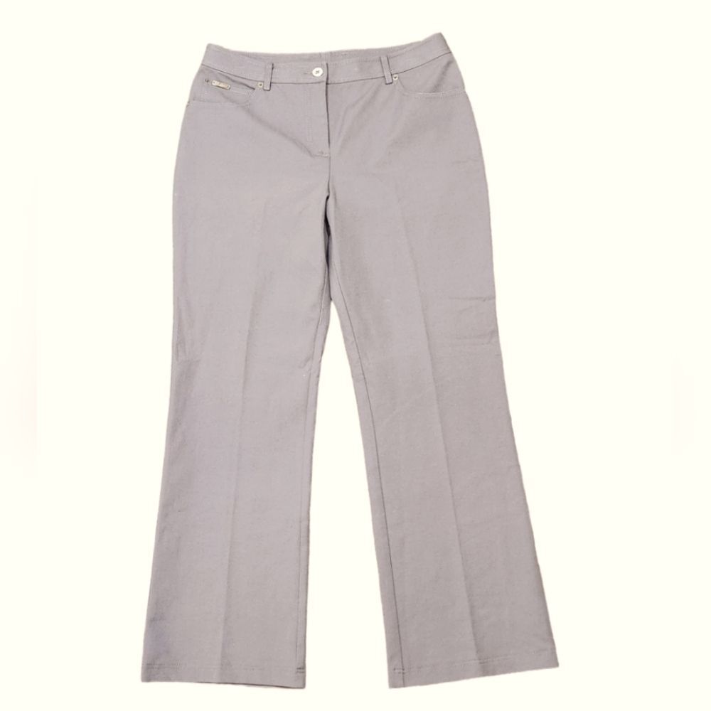 St John Sport Pants Cotton Stretch Knit Button Tab Straight Leg Gray Classic 10‎